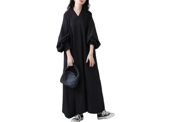 [1/2style]レディースワンピース、Vネック、長袖、バルーンスリーブ、マキシ丈、ロング、体型カバー、ユニーク - Image 2